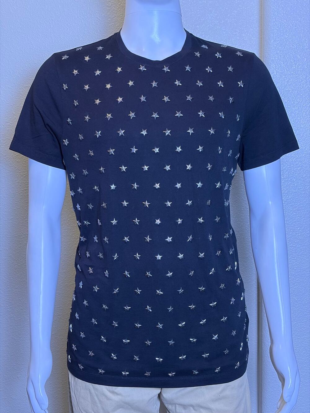Authentic Versace Collection Men Silver Metal Stars Black T-Shirt Size Medium